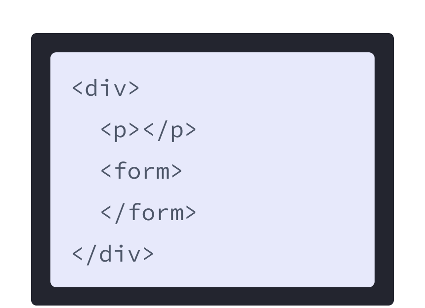 紫の背景の HTML マークアップ。p と form の 2 つの子タグを含んでいる。